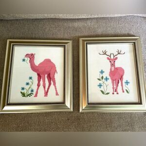 Completed needlepoint hand made Camel & deer Professionally Framed 13 x 12”